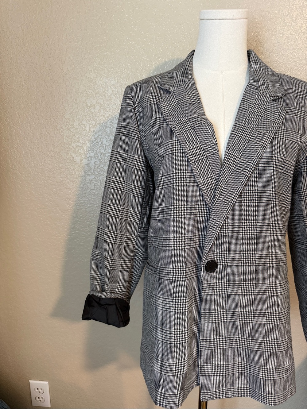 Gray Plaid Womens Single-Button Blazer